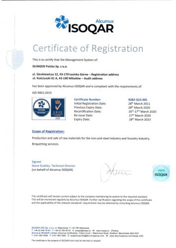 Alcumus ISOQAR Certificate